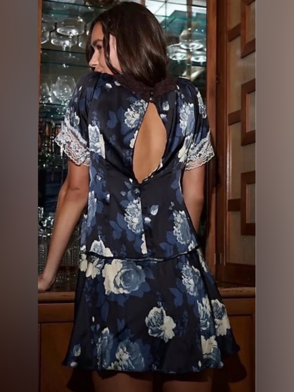 Free People Navy Floral Satin Lace-Trim Mini Dress - Picture 2 of 7